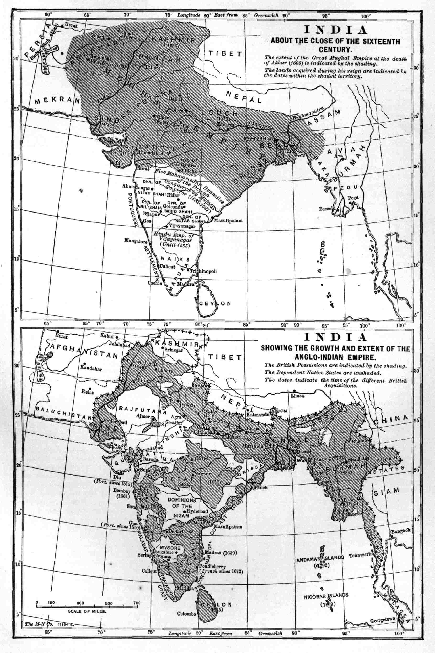 Map of India, about the close of the Sixteenth Century, and map of the growth of the Anglo-Indian Empire.