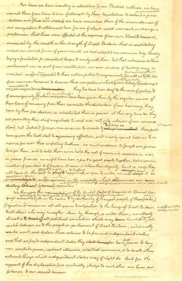 Fourth page. Handwritten draft text with editing notes and crossed out words, on faded parchment paper.