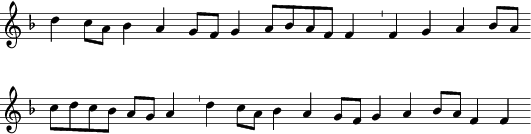 [G: d'' (c''&nbsp;a') b-' (a'&nbsp;(g'&nbsp;f')) g' (a'&nbsp;b-'&nbsp;a'&nbsp;f') f' | f' g'  a' (b-'&nbsp;a') (c''&nbsp;d''&nbsp;c''&nbsp;b-') (a'&nbsp;g') a' |  d'' (c''&nbsp;a') b-' a' (g'&nbsp;f') g' (a'&nbsp;(b-'&nbsp;a')&nbsp;f') f']