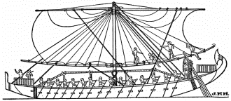 Egyptian ship on the Red Sea, about 1250 B.C. (From Torr’s “Ancient Ships.”)  Mr. Langton Cole calls attention to the rope truss in this illustration, stiffening the beam of the ship. No other such use of the truss is known until the days of modern engineering.